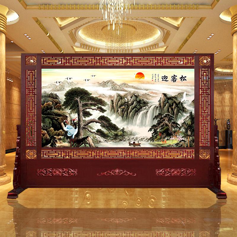 BONJEAN新中式实木办公室屏风隔断装饰玄关风水客厅酒店进双面座屏牡丹高清大图