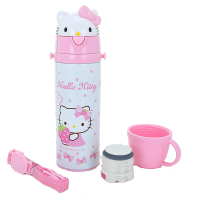 HelloKitty凯蒂猫双用直饮背带304不锈钢保温杯透明粉420ml儿童吸管保温杯卡通小孩保温壶便携宝宝水杯一杯两盖