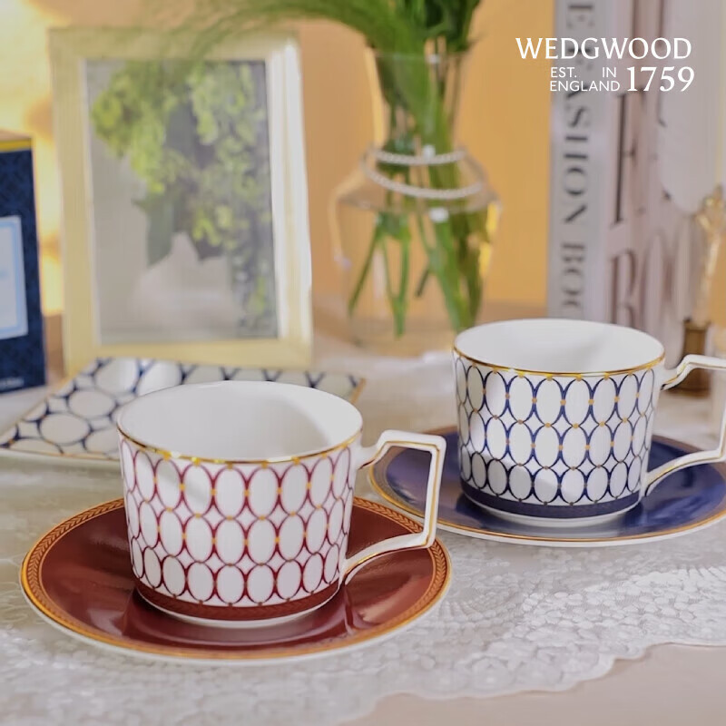 WEDGWOOD[魏大勋同款]威基伍德金粉年华骨瓷咖啡杯午夜蓝鎏金红2杯2碟(蓝配红)茶具水杯乔迁礼