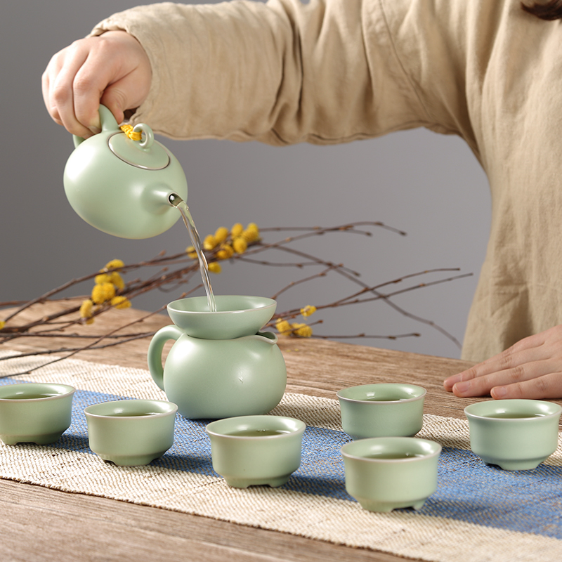 常生源 功夫茶具套装 仿宋汝窑开片 茶壶茶杯陶瓷茶漏整套 泡茶器 福星高照套组