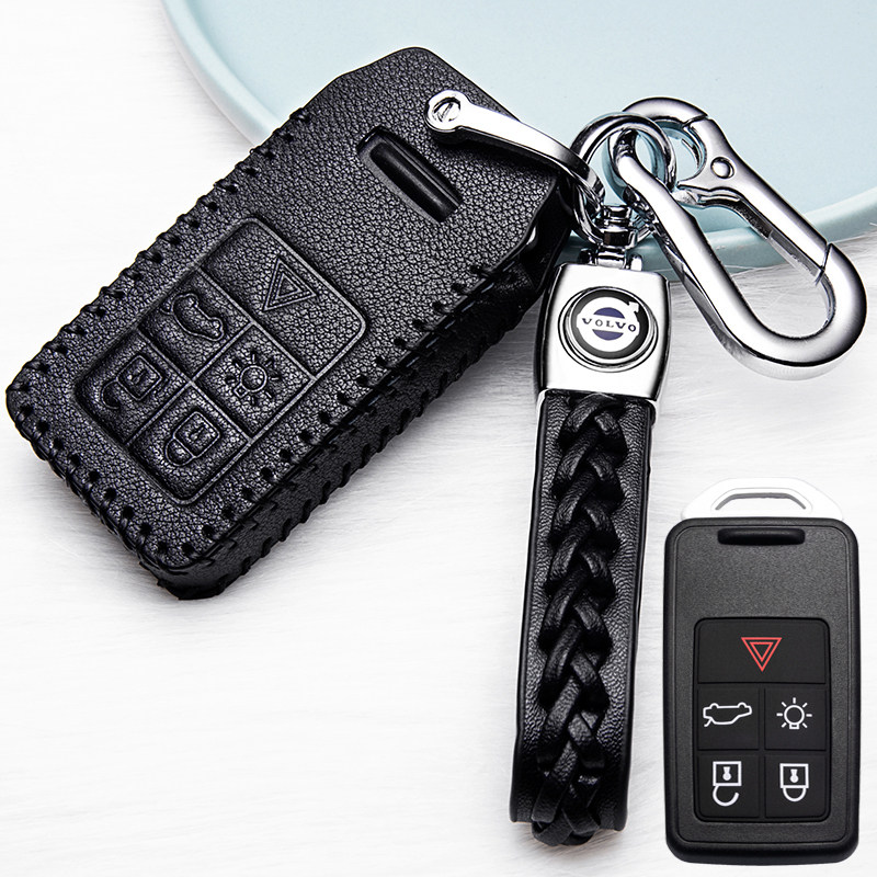 【补贴10%】沃尔沃XC60钥匙套2018款S60L/V40专用真皮钥匙套老款汽车钥匙包扣汽车钥匙包 沃尔沃B款黑色+绳扣（一键启动五个按键）