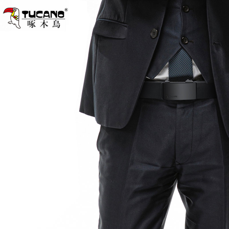 啄木鸟皮带男士真品无牙内穿自动扣腰带时尚商务无卡槽牛仔皮皮牙高清大图