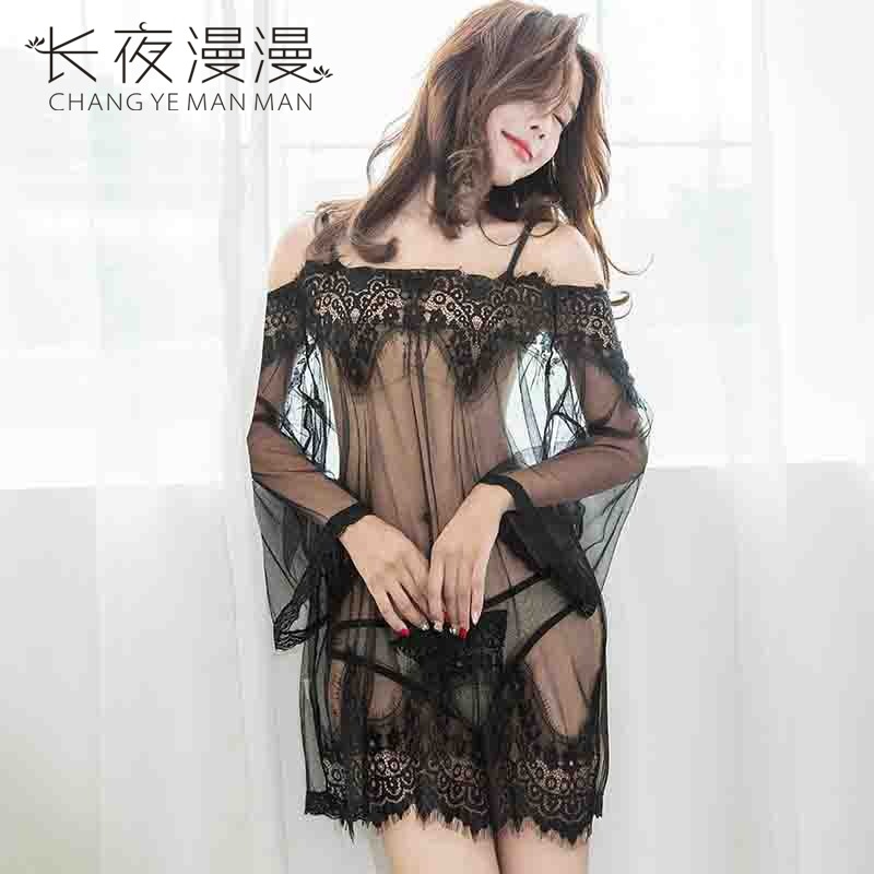 欧美新款性感露肩蕾丝睡裙套装透视网纱厂家直供情趣内衣1046 黑色 均码