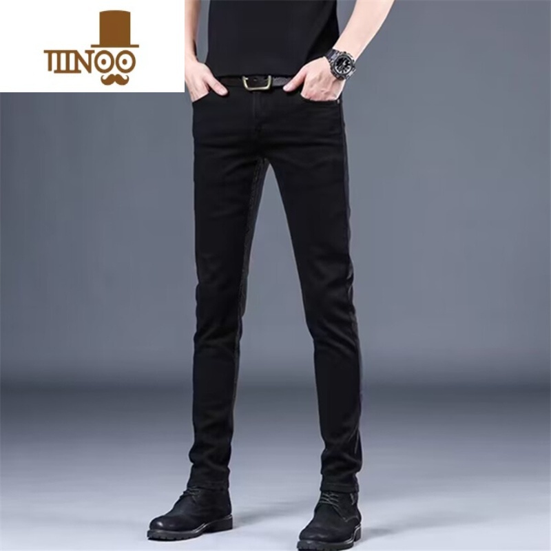 YANXU2023夏季水洗高端纯黑色牛仔裤男修身小脚韩版弹力休闲长裤韩高清大图
