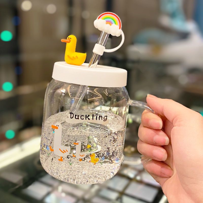 韩版耐高温高硼硅玻璃水杯带吸管可爱卡通小熊女生超萌有手柄杯子