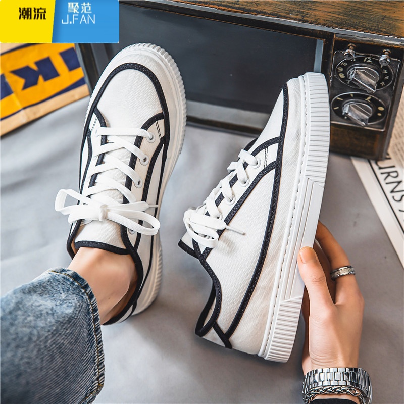 聚范帆布男鞋夏季透气小众百搭休闲平板鞋青少年运动轻便软底黑色布鞋高清大图