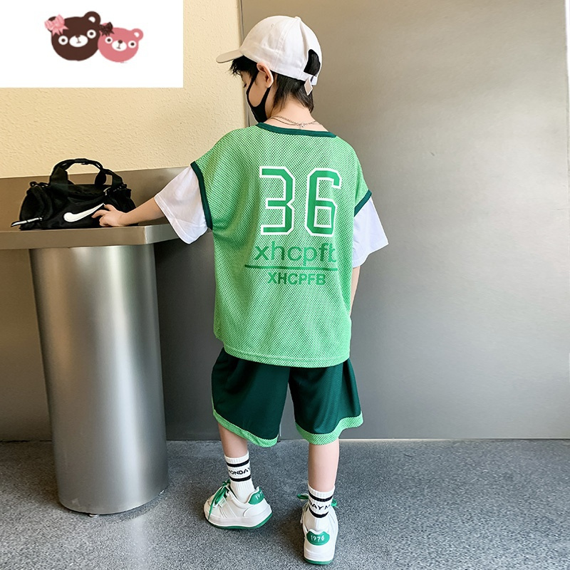 绿彩虹光男童2022新款酷帅夏装儿童运动套装夏季男孩潮帅气球服速干篮球服