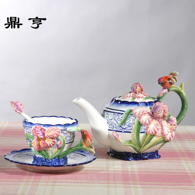 鼎亨青花茶具兰花茶壶杯碟组陶瓷杯子组合水壶茶杯套装咖啡杯瓷杯