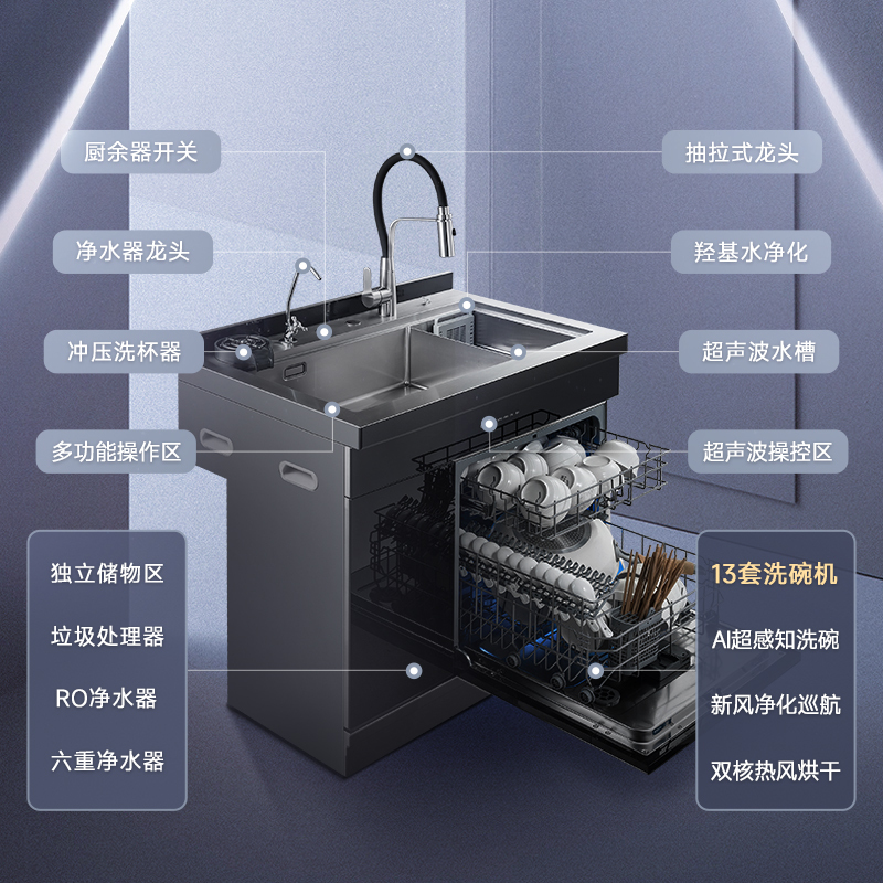 澳柯玛(AUCMA)家用厨房水槽13套洗碗机消毒柜洗杯器净水器一体式超声波+水触媒双功能清洗嵌入式900mm集成水槽