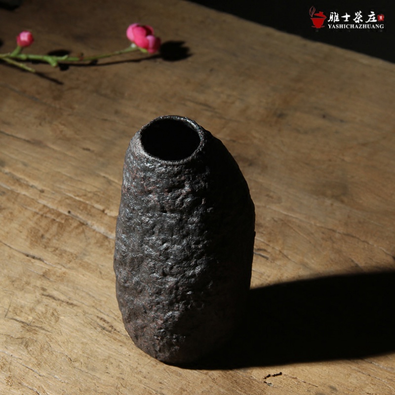 日式粗陶花瓶复古手工拙朴花插陶瓷茶具摆件禅意居家装饰陶艺花器 三维工匠 雅器粗陶黑[款四]高清大图