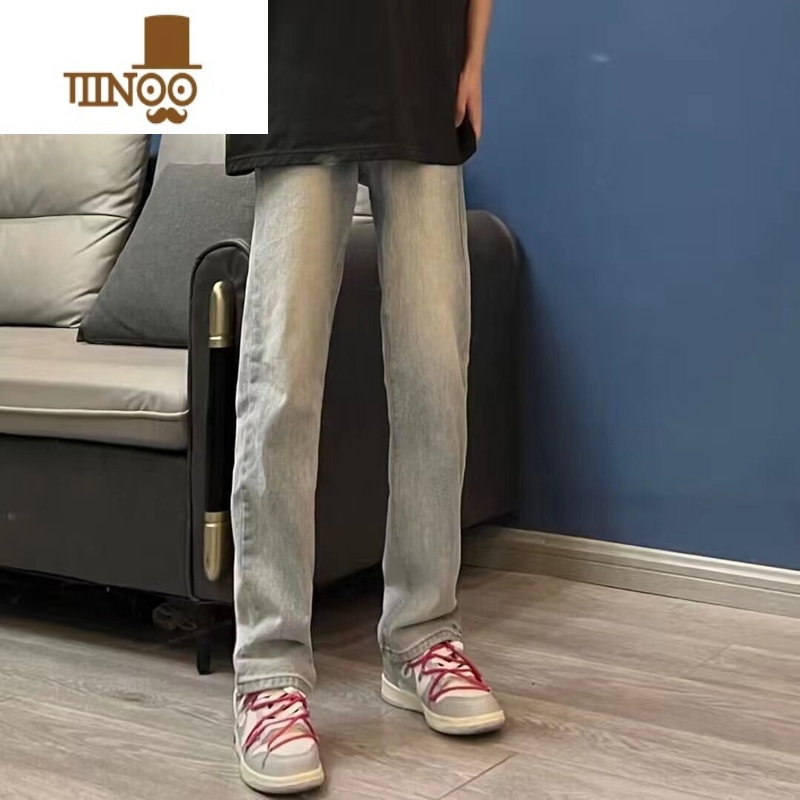 YANXU黄泥水洗做旧牛仔裤男韩版痞帅男生直筒裤潮牌百搭休闲九分裤黄高清大图