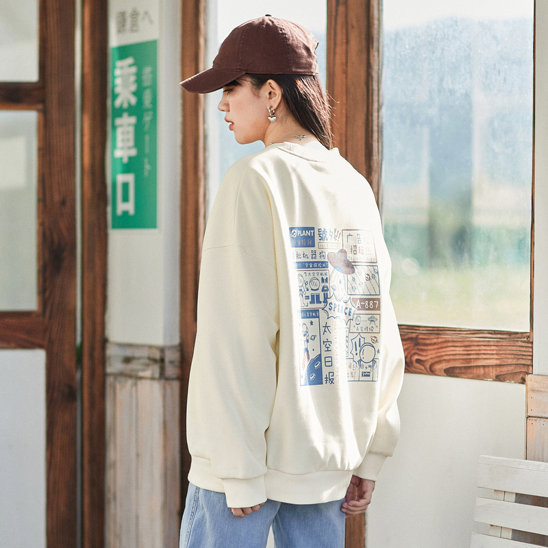 [2.5折价52元]唐狮新款女卫衣外套春装上衣chic港风设计小众国潮圆领白色潮ins
