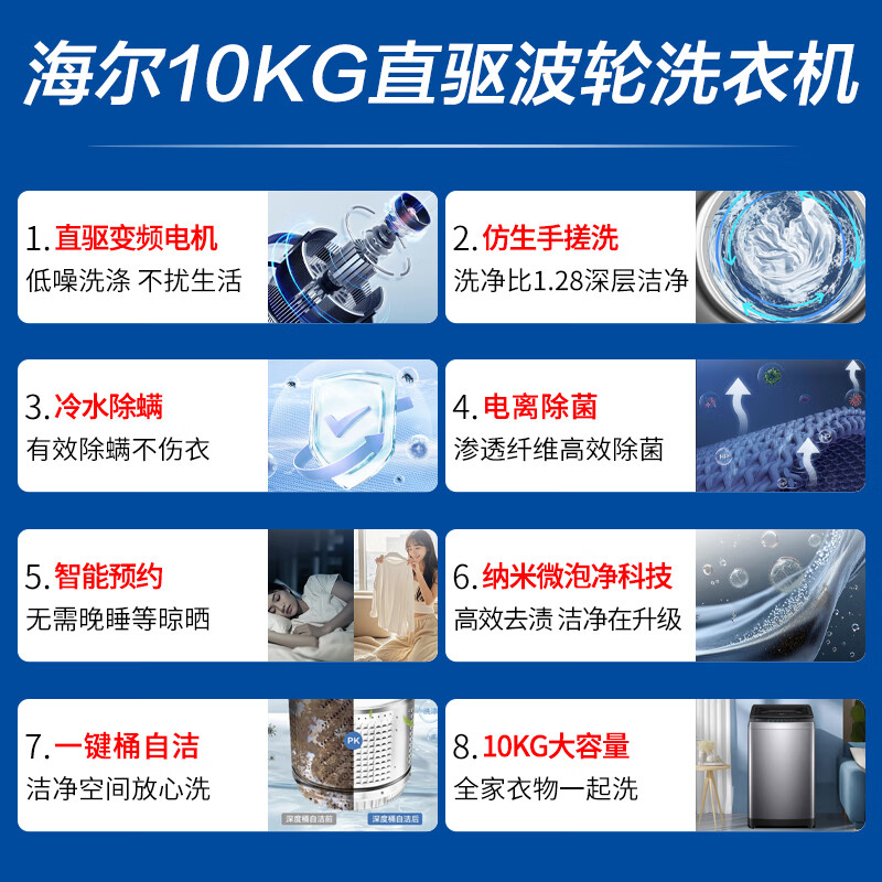 海尔(Haier)10公斤直驱变频神童1级能效钢化玻璃上盖全自动波轮洗衣机手搓洗纳米微泡净XQB100-BS50E高清大图