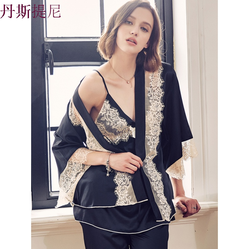 佩莎缇性感睡衣女长袖秋冬冰丝睡袍丝绸缎睡裙家居服蕾丝三件套装