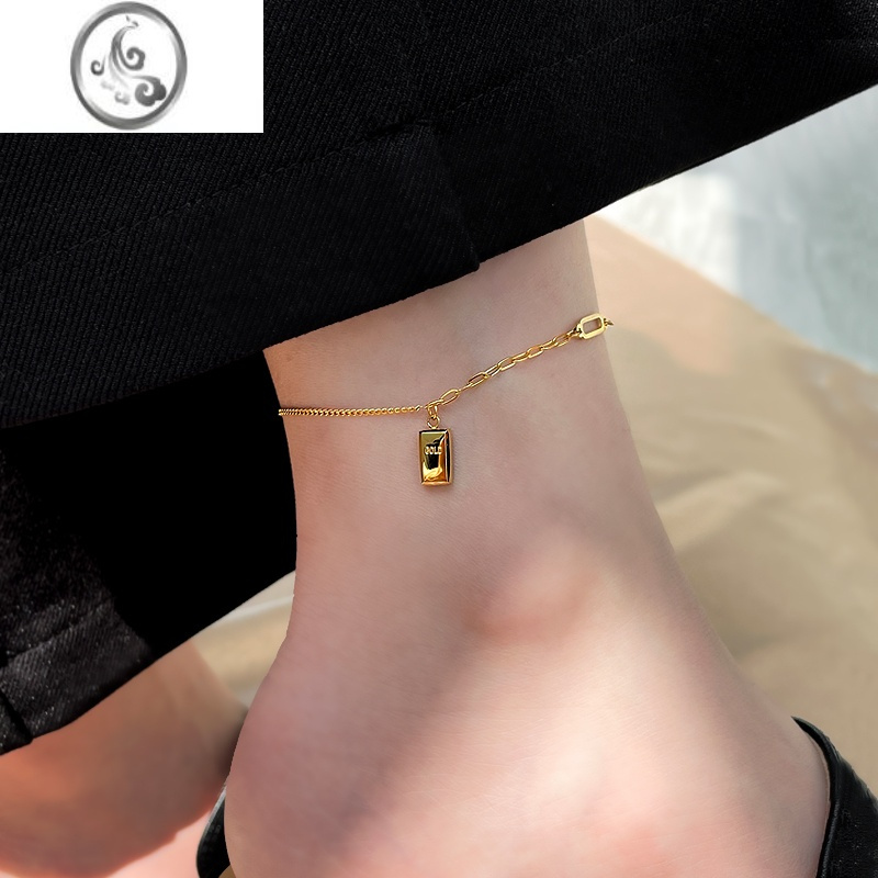 jimi小金砖脚链女2023新款潮高级感金色加长钛钢女士足链不掉色夏