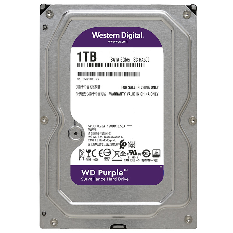西部数据(WD)紫盘 1TB SATA6Gb/s 64M 监控硬盘 (WD10EJRX)