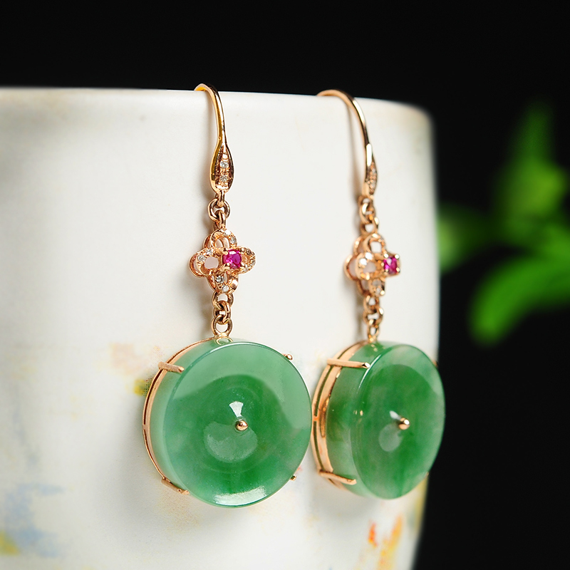 翡翠满绿耳钉18k镶嵌玉石耳环女款圆环耳坠耳饰品带证书送女朋友七夕