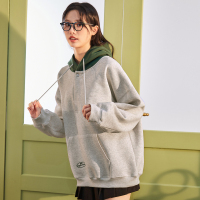 [2.5折价127元]唐狮冬季新款女卫衣撞色拼接绿色连帽套头加绒上衣宽松慵懒风