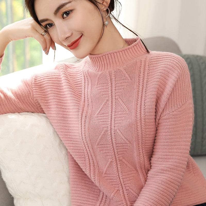2018秋冬半高领卷边麦穗提花针织羊绒衫女修身加厚打底衫毛衣