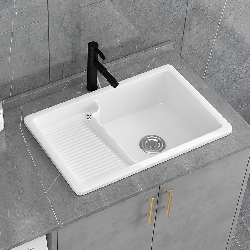 知渡陶瓷阳台洗衣池带搓板洗衣盆半嵌入式家用台中盆台上洗手盆