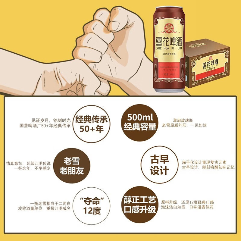 雪花啤酒(Snowbeer) 全麦5号500ml*12听+老雪500ml*12听 实惠整箱装