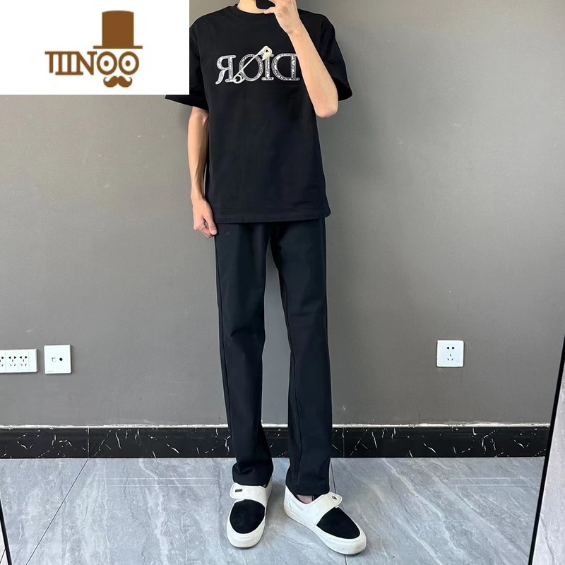 YANXU新款休闲裤男夏季薄款垂感直筒修身小脚潮流阔腿弹力西装裤长裤A高清大图