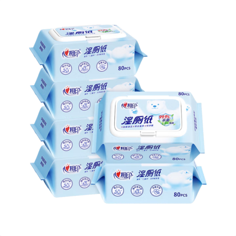 心相印湿厕纸云熊系列 80抽*6包 可冲散湿巾厕纸 99%杀菌 搭配卷纸使用