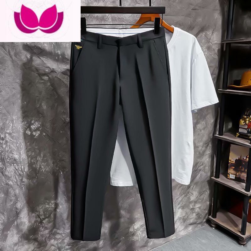 七斓轻薄纯色锥形垂感9九分西裤男士英伦免烫修身休闲冰丝裤子