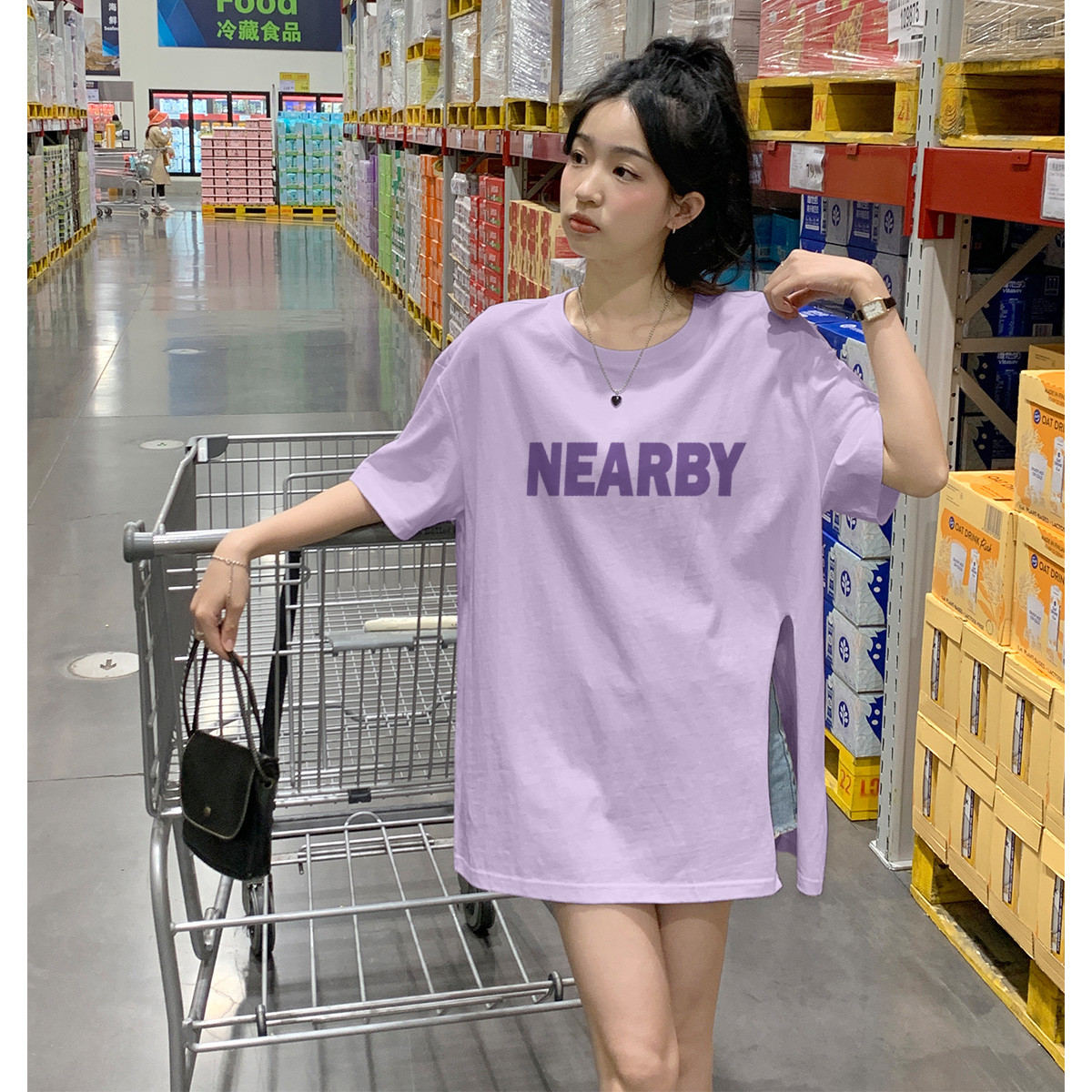 唐狮短袖T恤女夏季新款圆领上衣简约字母侧边开叉设计别致潮高清大图