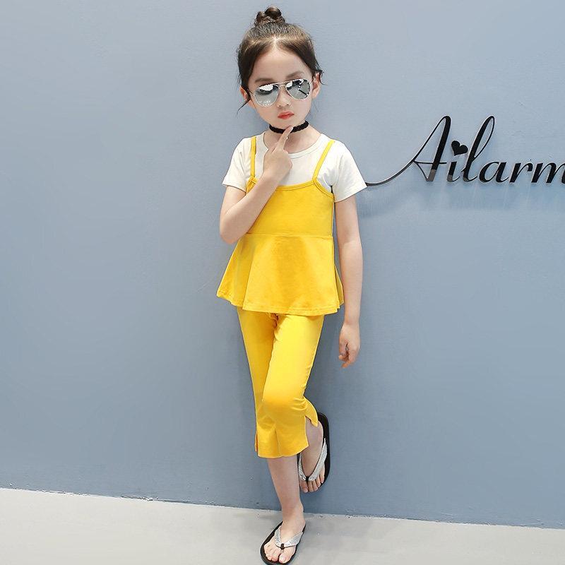 童装2018新款夏装儿童两件套休闲短袖中大童女孩衣服时尚女童套装