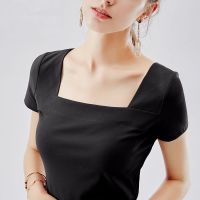 【品彩】【95棉】方领T恤女短袖体恤半袖修身性感上衣夏2020女装百搭新款