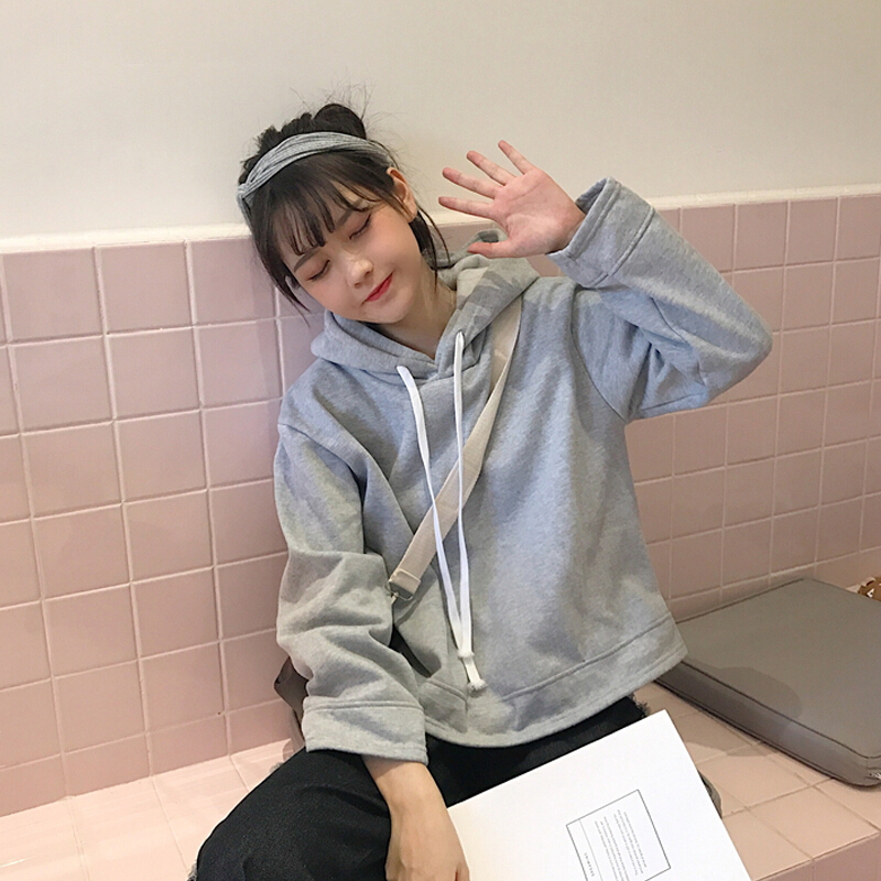 学院风小清新简约纯色宽松抽绳连帽卫衣女装韩版秋装学生卫衣上衣灰色均码