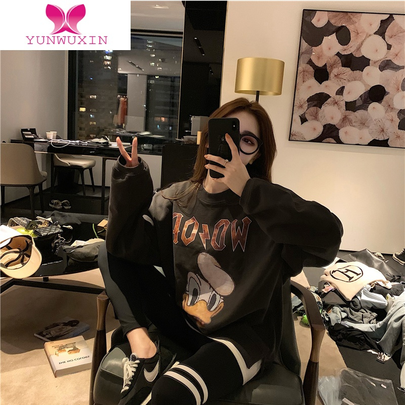 YUNWUXIN假两件加绒加厚遮屁股唐老鸭小个子无帽卡通宽松上衣卫衣