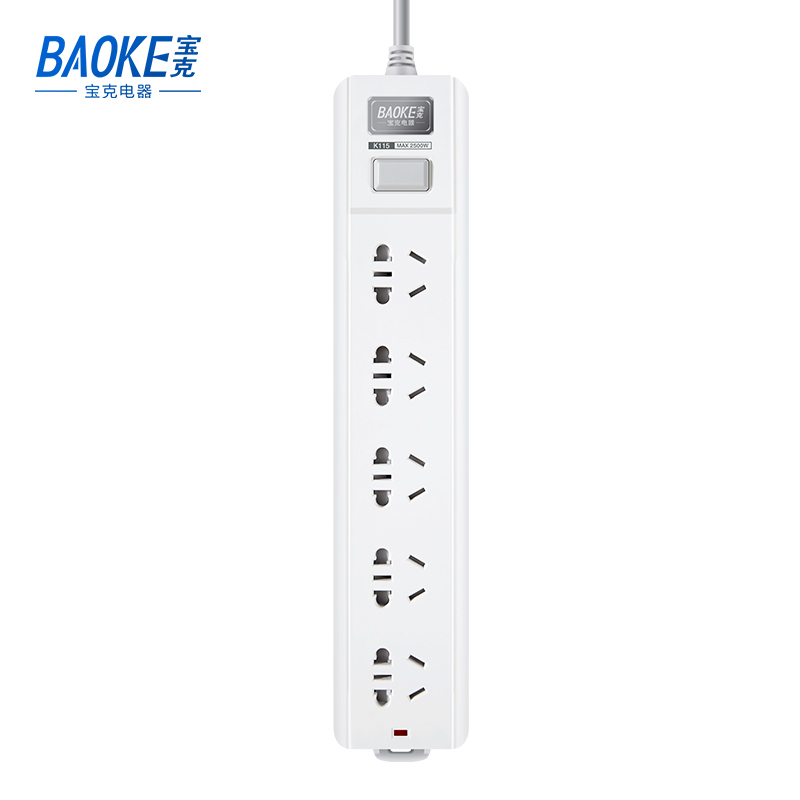 宝克(BAOKE)K115 插线板 新国标延长线插座5位组合总控开关 2500W MAX 白色 1个