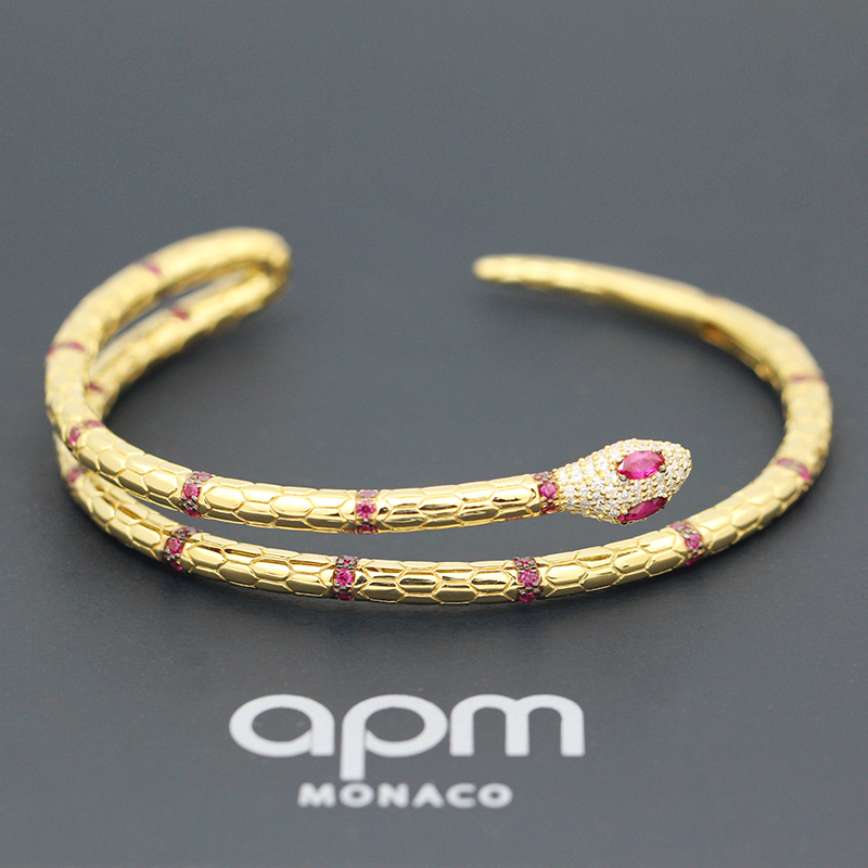 apm MONACO金色红刚玉蛇神925银手镯镶晶钻高贵女士手环百搭首饰欧美风格送恋人AB3506XKRY