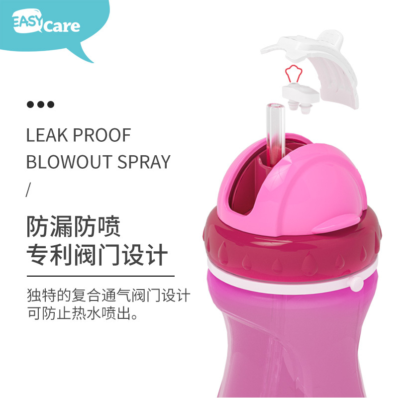 easycare伊斯卡尔安全儿童水壶婴儿吸管杯防漏喝水杯宝宝学饮杯450ml粉色