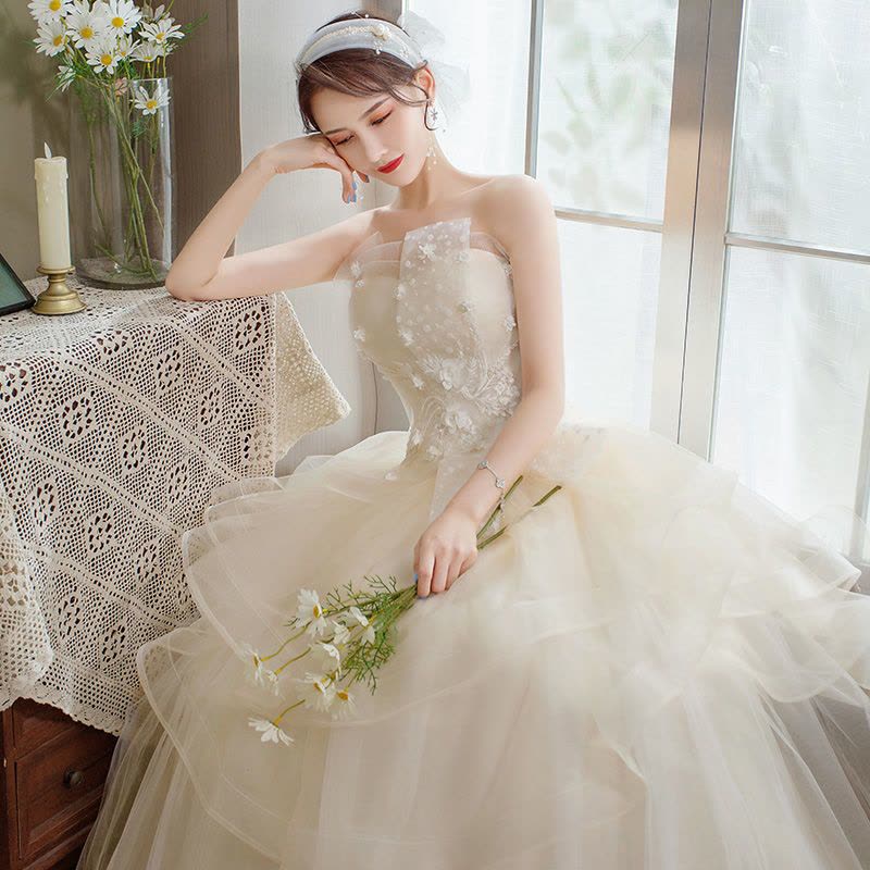 主婚纱2021新款成人礼网红新娘结婚齐地抹胸蓬蓬裙显瘦简约轻婚纱图片