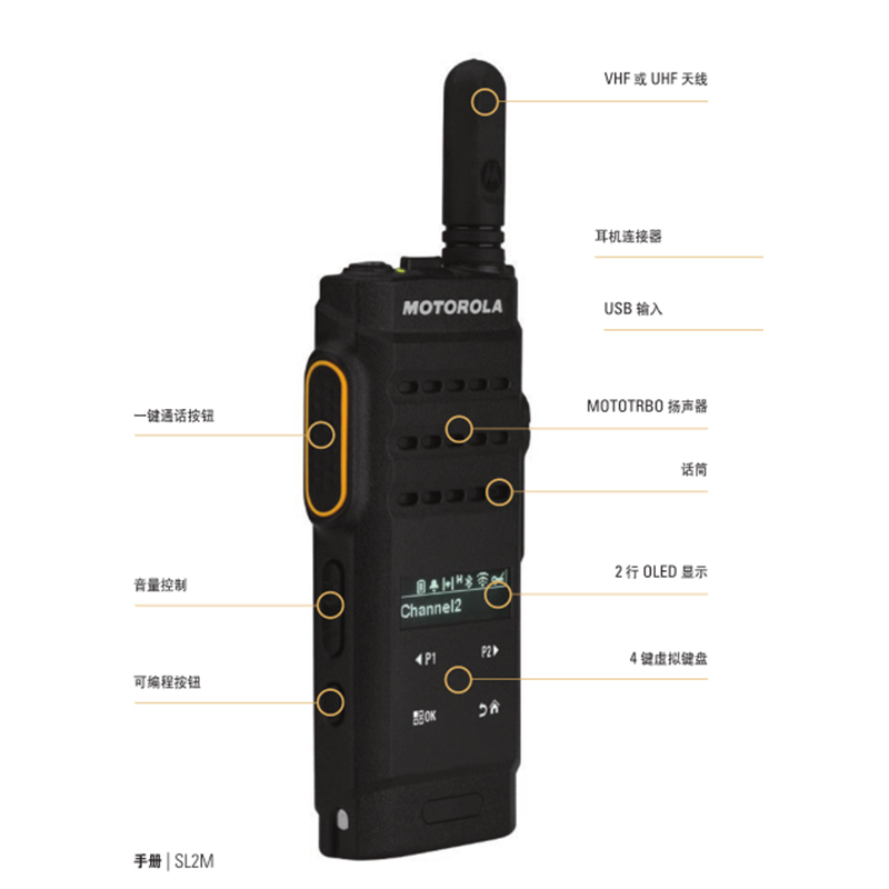 摩托罗拉(MOTOROLA)SL2M UHF数字对讲机 轻薄简单操作 LED矩阵显示屏 IP54级防水防尘 256个信道高清大图