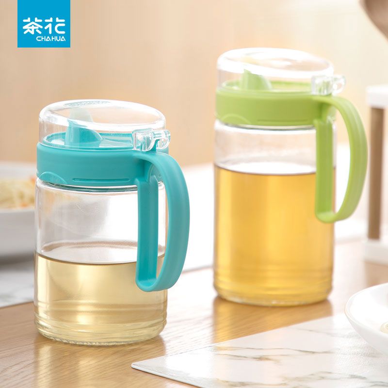 茶花油壶玻璃厨房欧式家用塑料油罐酱油瓶防漏醋壶装倒小调料油瓶 450ML绿色
