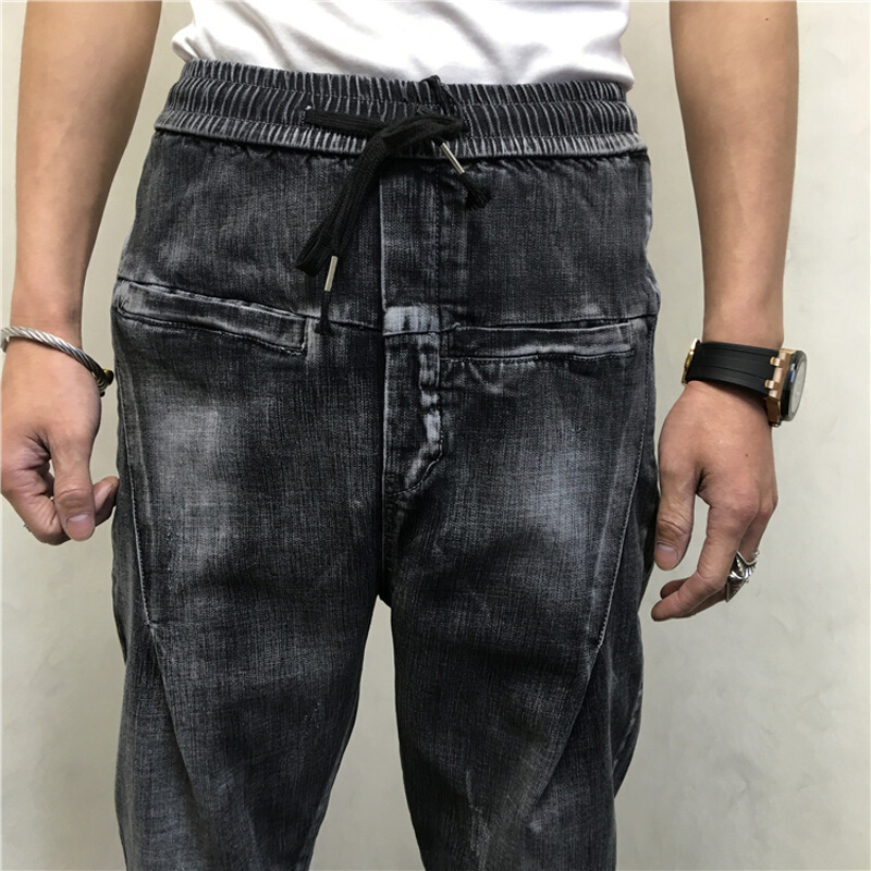 春秋潮流男做旧小脚九分牛仔裤精神社会小伙哈伦大裆裤束脚休闲裤深灰色