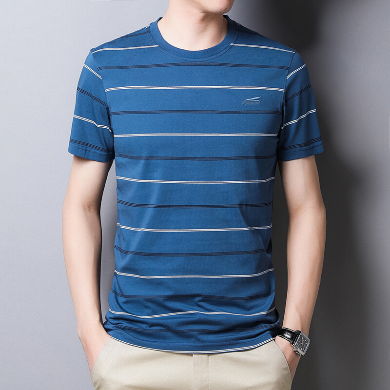 梵克公牛短袖t恤男青中年夏装半袖上衣无领圆领衫休闲横条纹园领棉料t