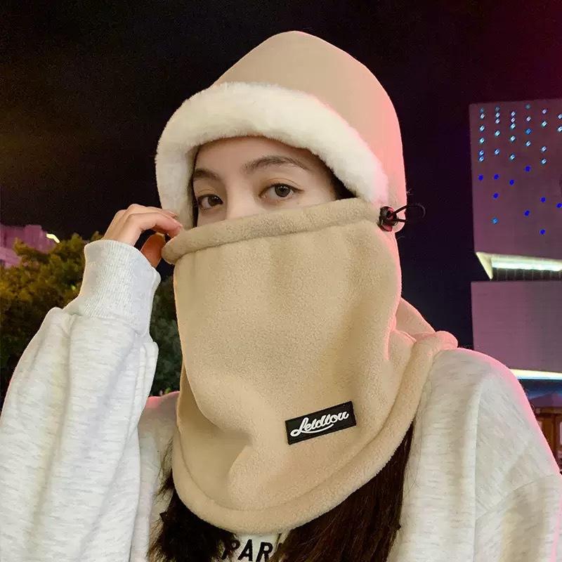 冬季保暖雷锋帽子男防风加绒厚围脖一体面罩女骑车防风骑行包头帽 骑行帽绒毛边【卡其色】