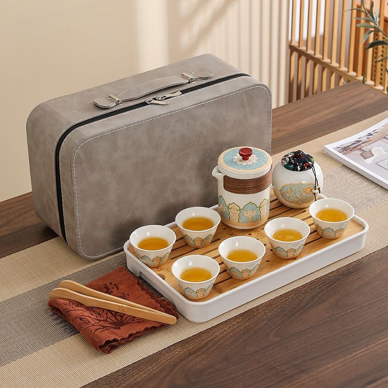 华普思旅行茶具套装 户外便携陶瓷快客杯玉白-一壶六杯+罐巾夹+灰色包-带盘