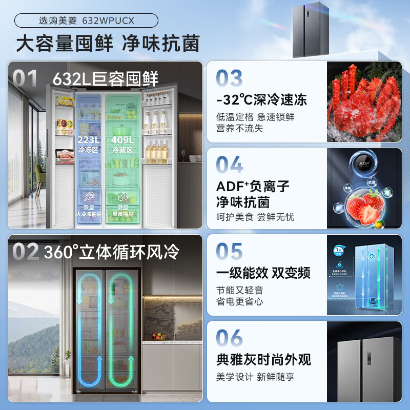 美菱(MeiLing)BCD-632WPUCX 收纳师632对开门一级能效双变频风冷无霜抗菌低噪音节能大容量家用电冰箱高清大图
