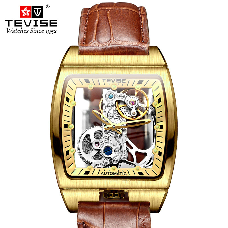 特威斯tevise手表时尚全镂空酒桶型机械表休闲运动夜光防水曲面屏男士
