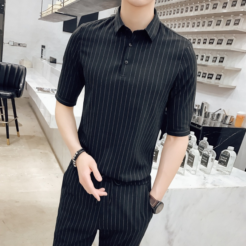 2018夏款新款潮男夜店公子条纹衬衫两件套休闲宽松两件套九分裤男