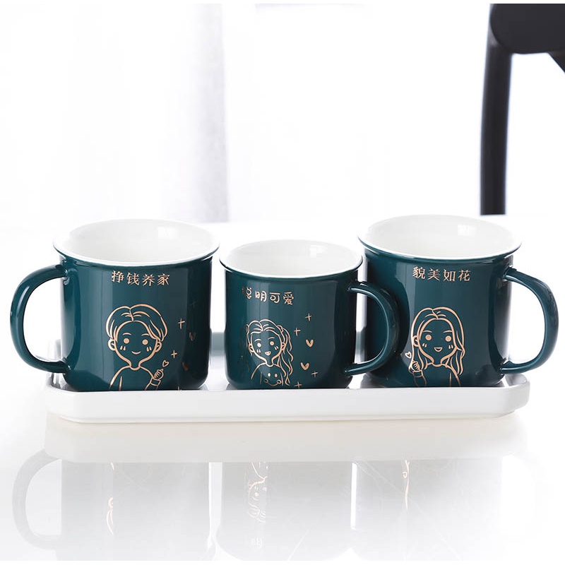 牙刷杯套装组合家庭一家四口洗漱口杯创意刷牙杯一对可爱牙缸陶瓷 三维工匠 绿色大号挣钱如花+小号女孩3个装送瓷托洗漱杯高清大图