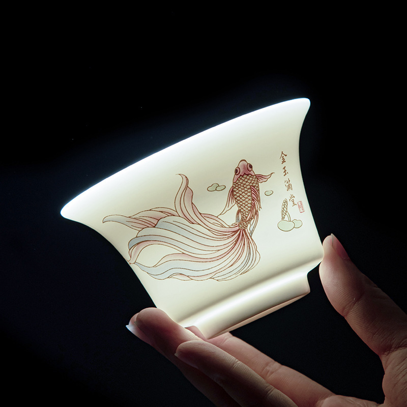 华普思羊脂玉三才悬停盖碗白瓷带盖大号不烫手茶碗茶杯功夫茶具 和为贵-悬停盖碗高清大图