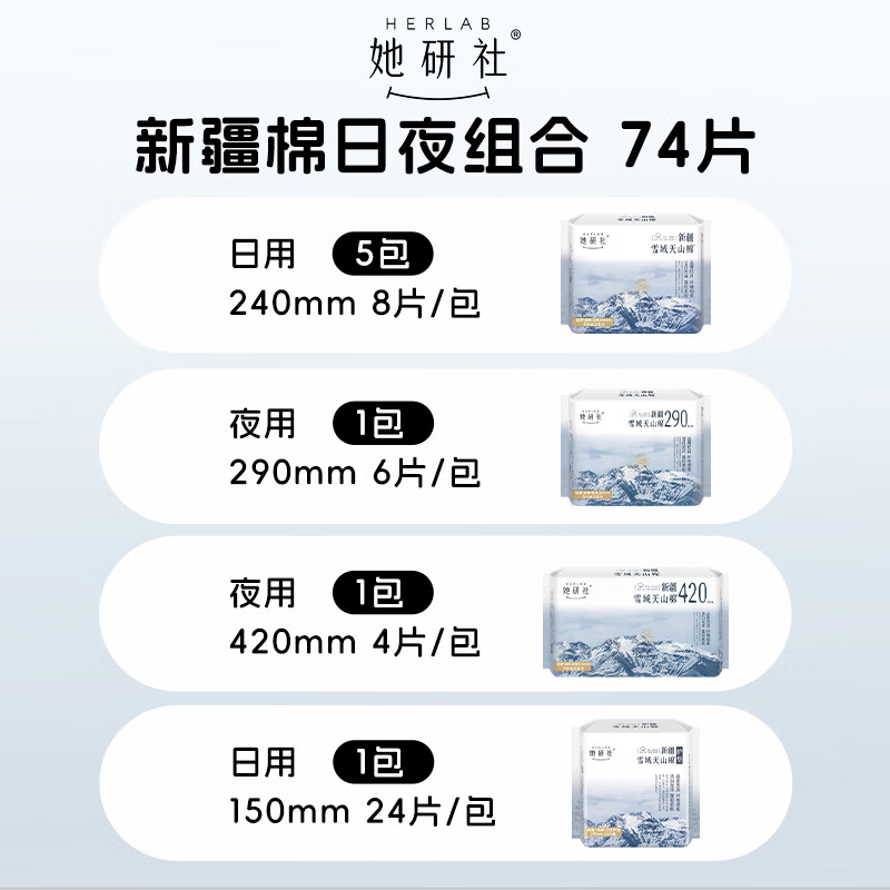 她研社(Herlab )新疆棉卫生巾套装 超薄日夜组合64片 超薄 量多 瞬吸姨妈巾
