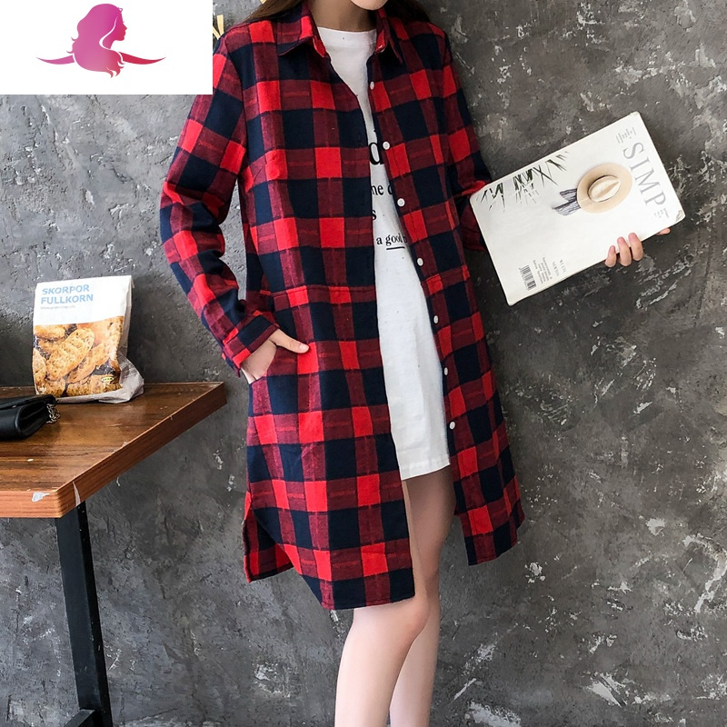 艳如飞格子衬衫女复古港味宽松韩版中长款长袖棉上衣服外穿百搭外套衬衣衬衫